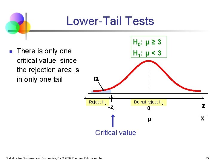 Lower-Tail Tests n There is only one critical value, since the rejection area is