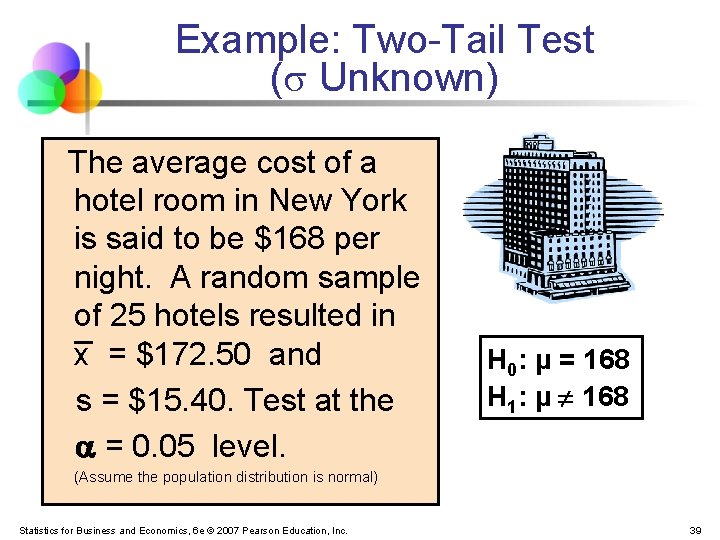 Example: Two-Tail Test ( Unknown) The average cost of a hotel room in New