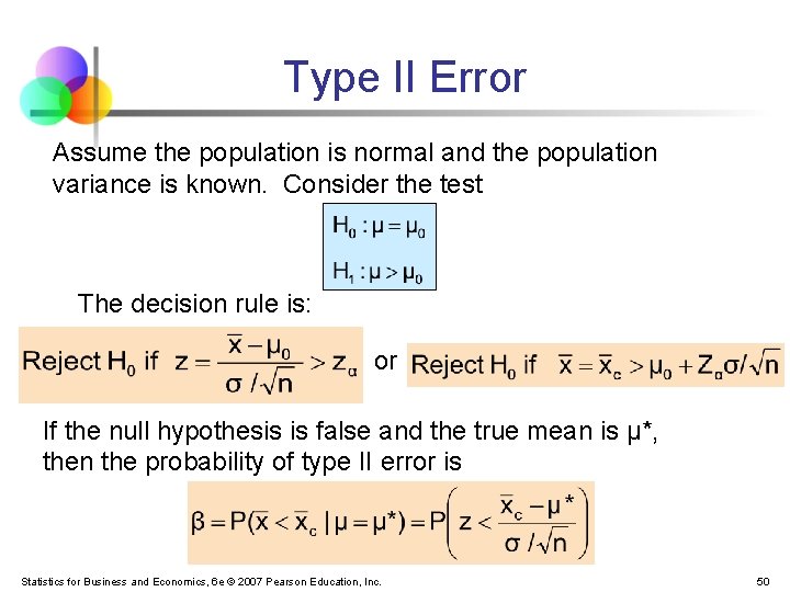 Type II Error Assume the population is normal and the population variance is known.