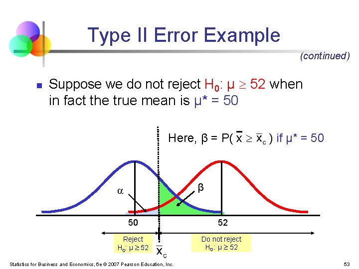 Type II Error Example (continued) n Suppose we do not reject H 0: μ