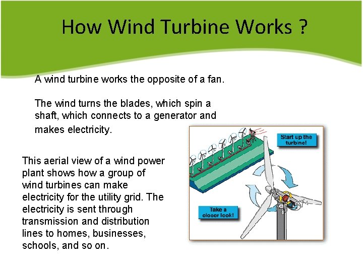 How Wind Turbine Works ? A wind turbine works the opposite of a fan.