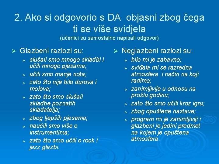 2. Ako si odgovorio s DA objasni zbog čega ti se više svidjela (učenici