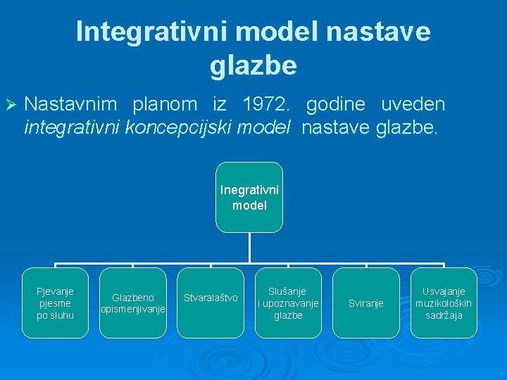 Integrativni model nastave glazbe Ø Nastavnim planom iz 1972. godine uveden integrativni koncepcijski model