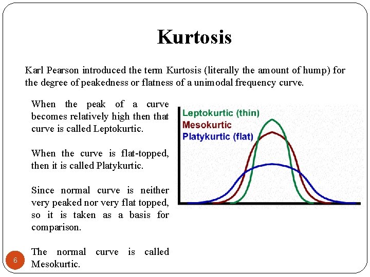 Kurtosis Karl Pearson introduced the term Kurtosis (literally the amount of hump) for the