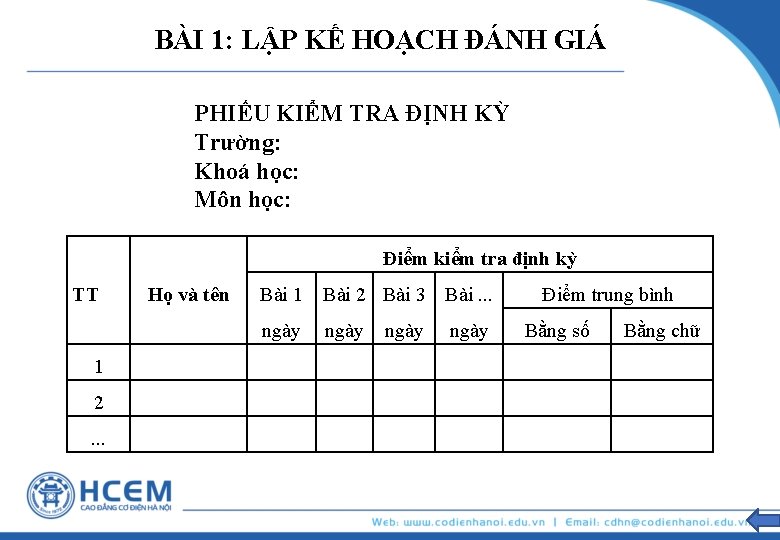 BÀI 1: LẬP KẾ HOẠCH ĐÁNH GIÁ PHIẾU KIỂM TRA ĐỊNH KỲ Trường: Khoá