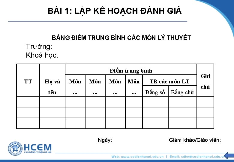 BÀI 1: LẬP KẾ HOẠCH ĐÁNH GIÁ BẢNG ĐIỂM TRUNG BÌNH CÁC MÔN LÝ