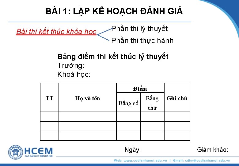 BÀI 1: LẬP KẾ HOẠCH ĐÁNH GIÁ Bài thi kết thúc khóa học Phần