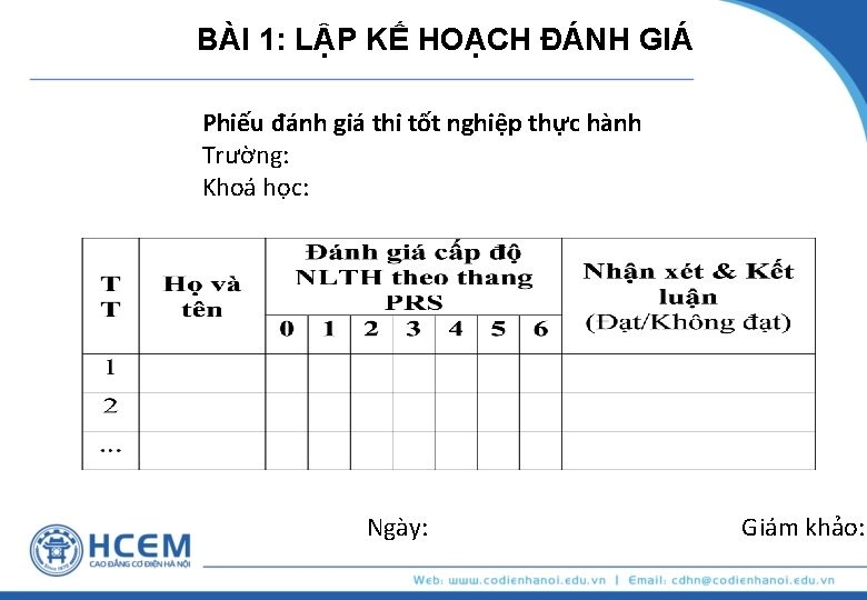 BÀI 1: LẬP KẾ HOẠCH ĐÁNH GIÁ Phiếu đánh giá thi tốt nghiệp thực