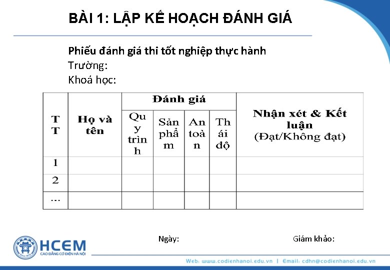 BÀI 1: LẬP KẾ HOẠCH ĐÁNH GIÁ Phiếu đánh giá thi tốt nghiệp thực