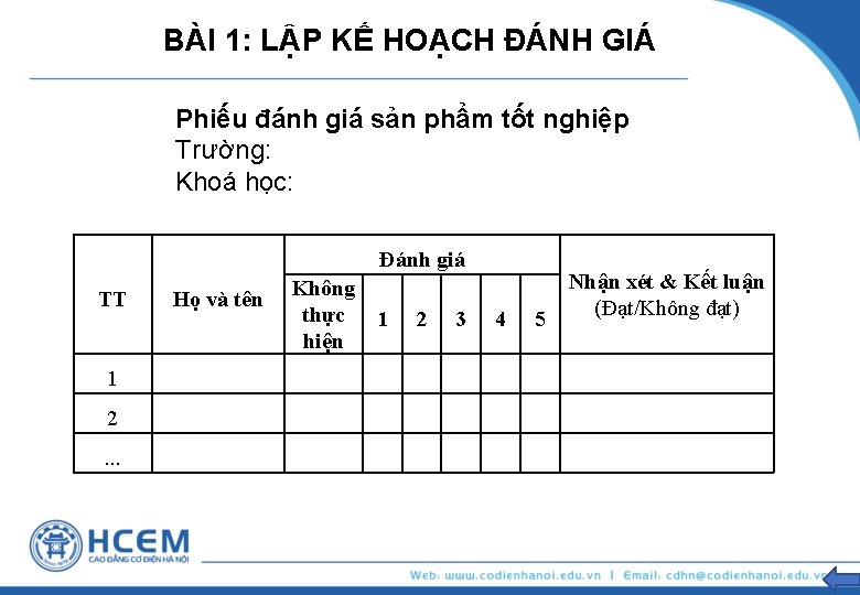 BÀI 1: LẬP KẾ HOẠCH ĐÁNH GIÁ Phiếu đánh giá sản phẩm tốt nghiệp