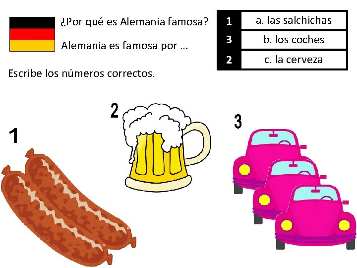 ¿Por qué es Alemania famosa? Alemania es famosa por … Escribe los números correctos.