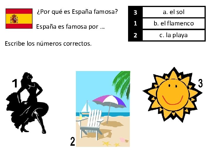 ¿Por qué es España famosa? 3 a. el sol España es famosa por …