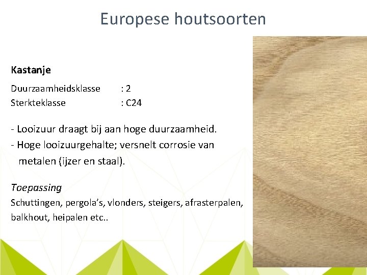 Europese houtsoorten Kastanje Duurzaamheidsklasse Sterkteklasse : 2 : C 24 - Looizuur draagt bij