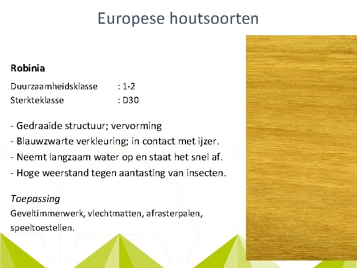 Europese houtsoorten Robinia Duurzaamheidsklasse Sterkteklasse : 1 -2 : D 30 - Gedraaide structuur;