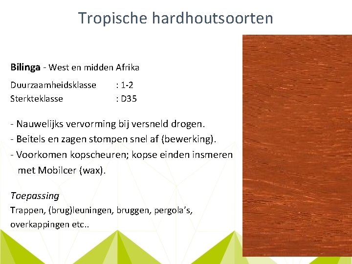 Tropische hardhoutsoorten Bilinga - West en midden Afrika Duurzaamheidsklasse Sterkteklasse : 1 -2 :