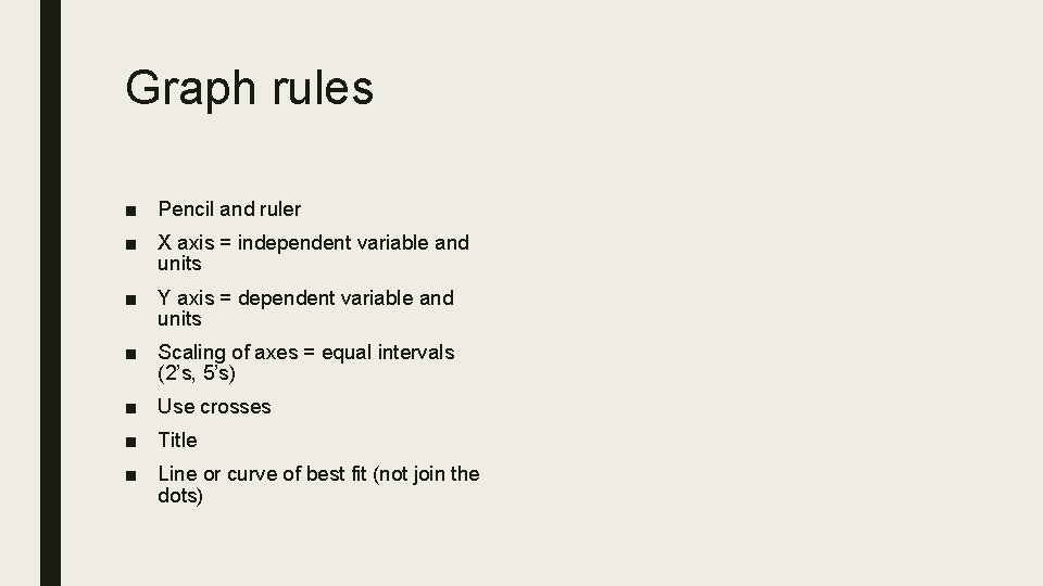 Graph rules ■ Pencil and ruler ■ X axis = independent variable and units