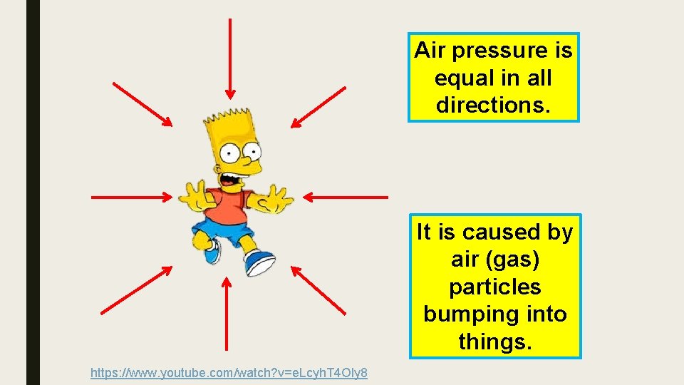 Air pressure is equal in all directions. It is caused by air (gas) particles
