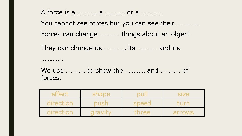 A force is a ………… or a …………. You cannot see forces but you