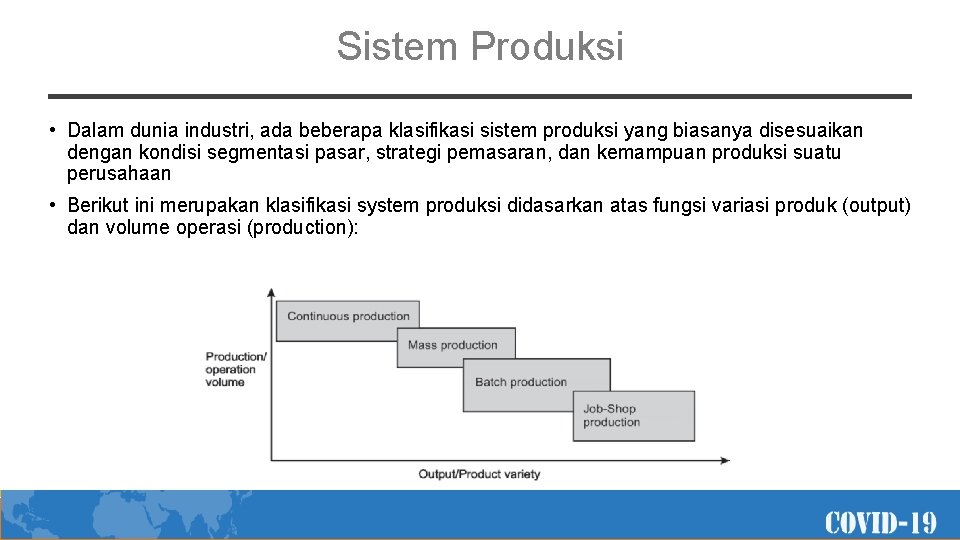 Sistem Produksi • Dalam dunia industri, ada beberapa klasifikasi sistem produksi yang biasanya disesuaikan