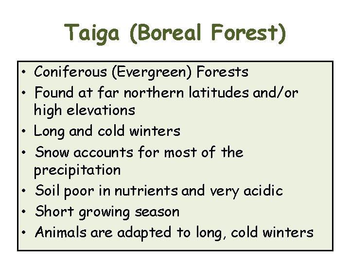 Taiga (Boreal Forest) • Coniferous (Evergreen) Forests • Found at far northern latitudes and/or