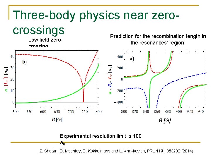 Three-body physics near zerocrossings Prediction for the recombination length in Low field zerocrossing. the
