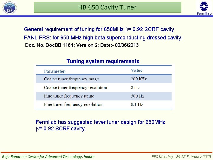 HB 650 Cavity Tuner General requirement of tuning for 650 MHz b= 0. 92