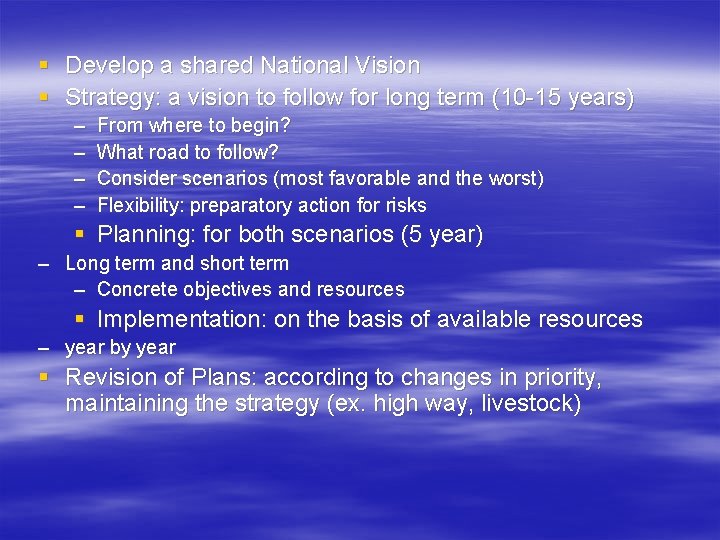§ Develop a shared National Vision § Strategy: a vision to follow for long