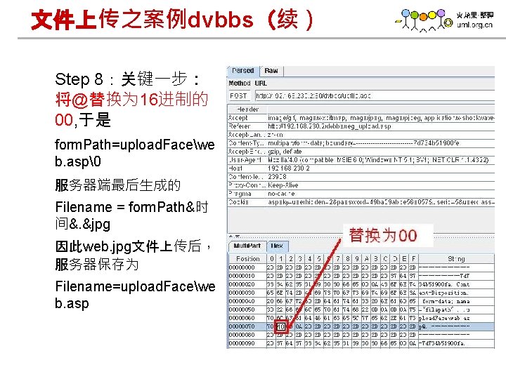 文件上传之案例dvbbs（续） Step 8：关键一步： 将@替换为 16进制的 00, 于是 form. Path=upload. Facewe b. asp  服务器端最后生成的 Filename