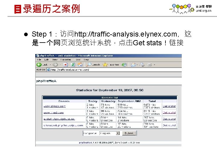 目录遍历之案例 l Step 1：访问http: //traffic-analysis. elynex. com，这 是一个网页浏览统计系统，点击Get stats！链接 www. h 3 c. com
