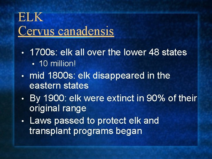 ELK Cervus canadensis • 1700 s: elk all over the lower 48 states •