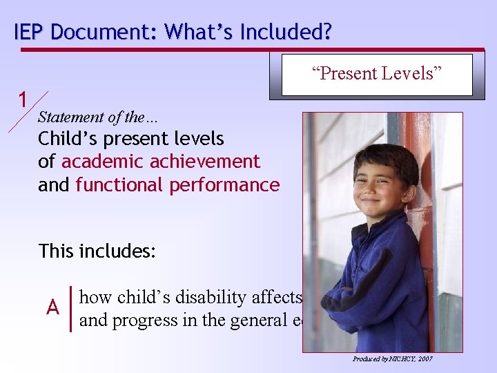 IEP Document: What’s Included? “Present Levels” 1 Statement of the… Child’s present levels of