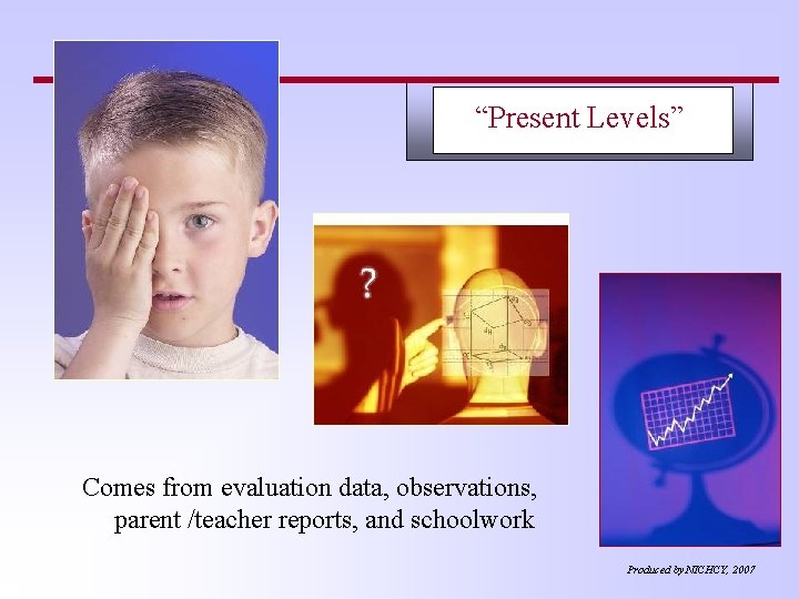 “Present Levels” Comes from evaluation data, observations, parent /teacher reports, and schoolwork Produced by