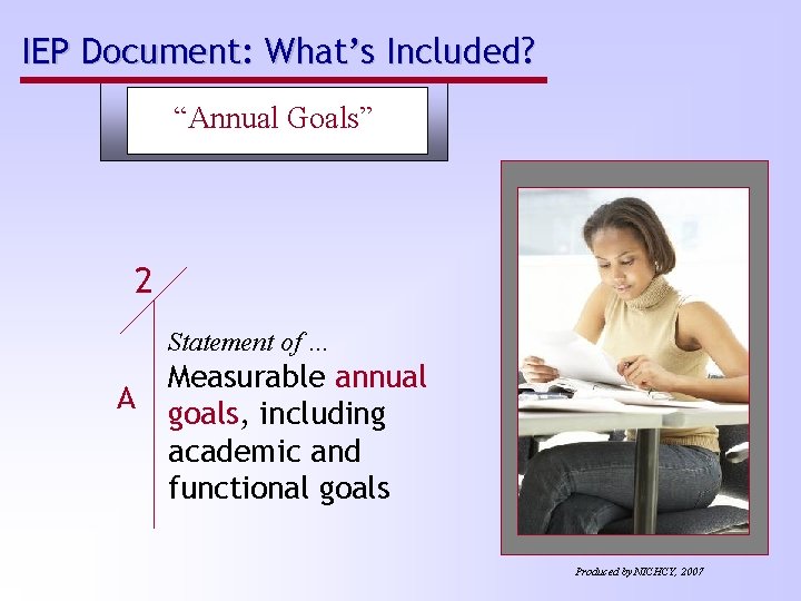 IEP Document: What’s Included? “Annual Goals” 2 Statement of … A Measurable annual goals,