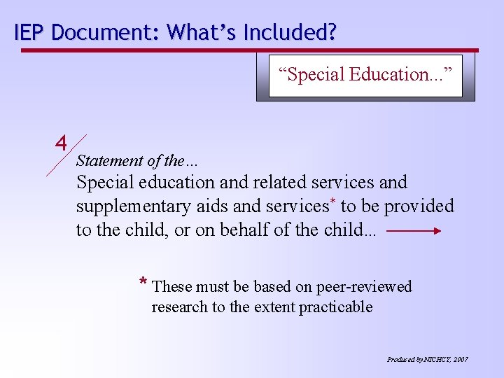 IEP Document: What’s Included? “Special Education. . . ” 4 Statement of the… Special