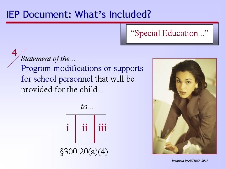 IEP Document: What’s Included? “Special Education. . . ” 4 Statement of the… Program