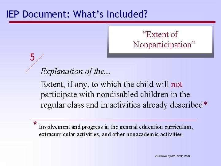 IEP Document: What’s Included? “Extent of Nonparticipation” 5 Explanation of the. . . Extent,