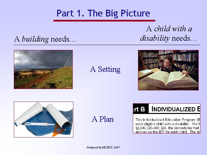 Part 1. The Big Picture A child with a disability needs… A building needs…