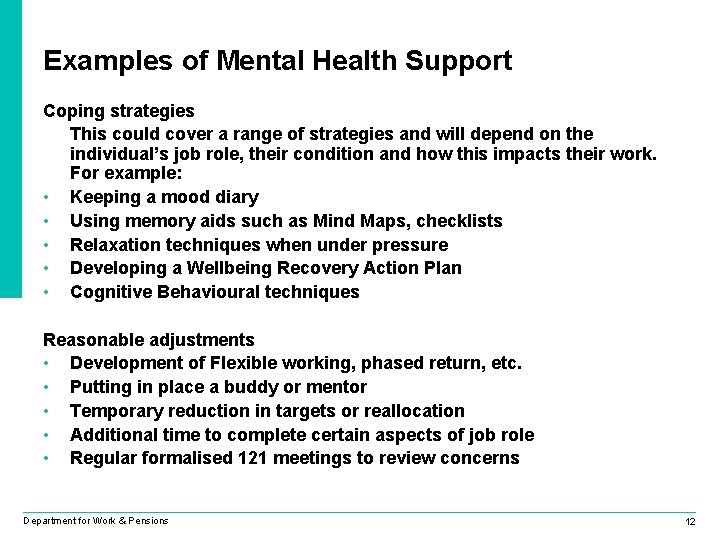 Examples of Mental Health Support Coping strategies This could cover a range of strategies