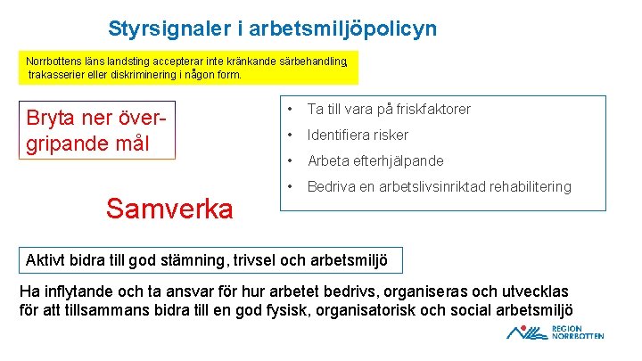 Styrsignaler i arbetsmiljöpolicyn Norrbottens läns landsting accepterar inte kränkande särbehandling, trakasserier eller diskriminering i