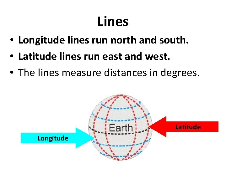 Lines • Longitude lines run north and south. • Latitude lines run east and