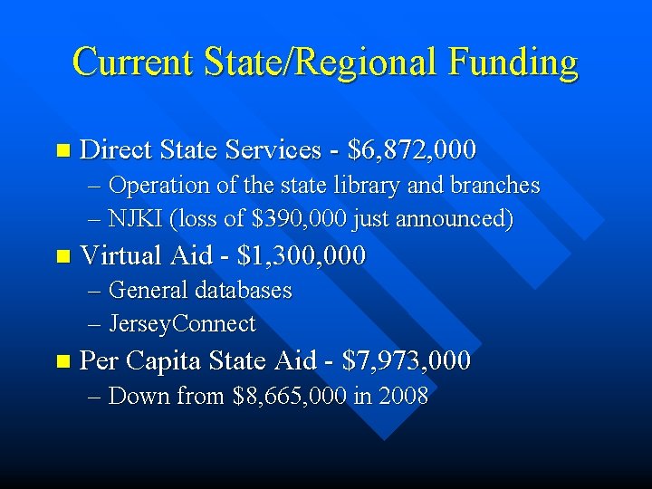 Current State/Regional Funding n Direct State Services - $6, 872, 000 – Operation of