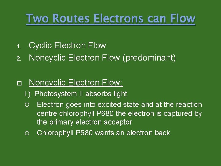 Two Routes Electrons can Flow 2. Cyclic Electron Flow Noncyclic Electron Flow (predominant) Noncyclic