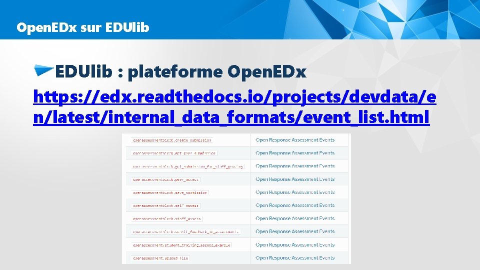 Open. EDx sur EDUlib : plateforme Open. EDx https: //edx. readthedocs. io/projects/devdata/e n/latest/internal_data_formats/event_list. html