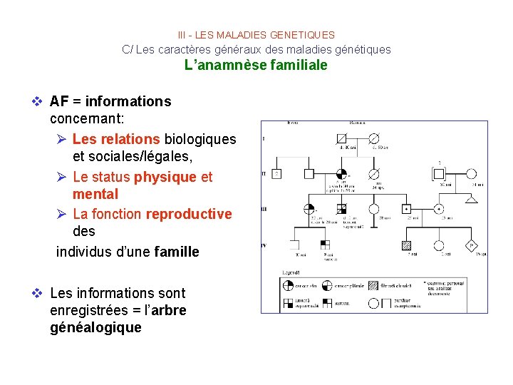 III - LES MALADIES GENETIQUES C/ Les caractères généraux des maladies génétiques L’anamnèse familiale