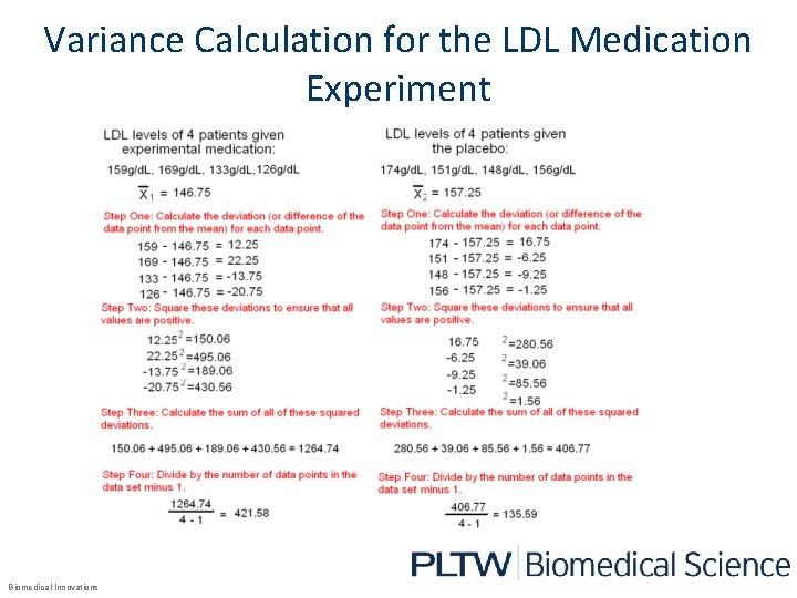 Variance Calculation for the LDL Medication Experiment Biomedical Innovations 