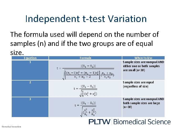 Independent t-test Variation The formula used will depend on the number of samples (n)