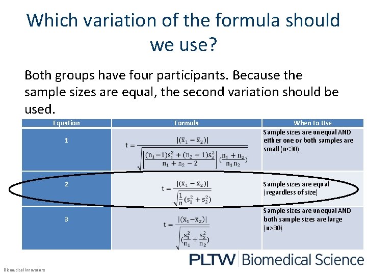 Which variation of the formula should we use? Both groups have four participants. Because