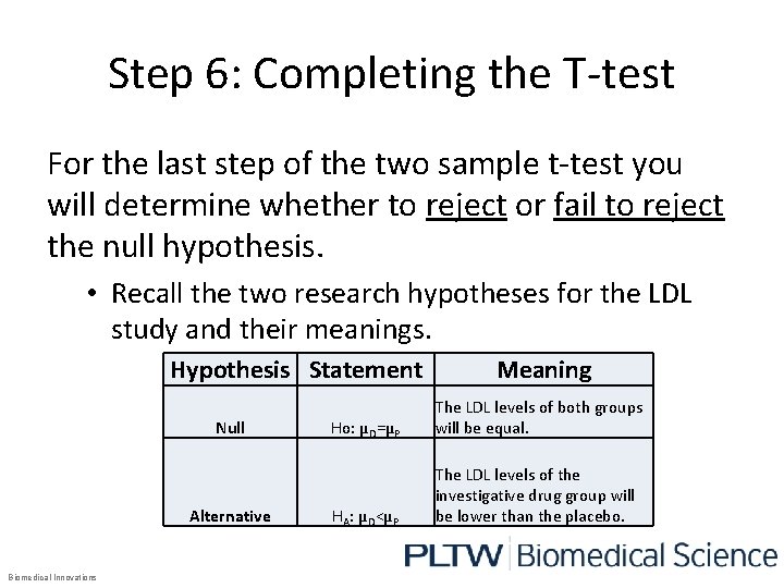 Step 6: Completing the T-test For the last step of the two sample t-test