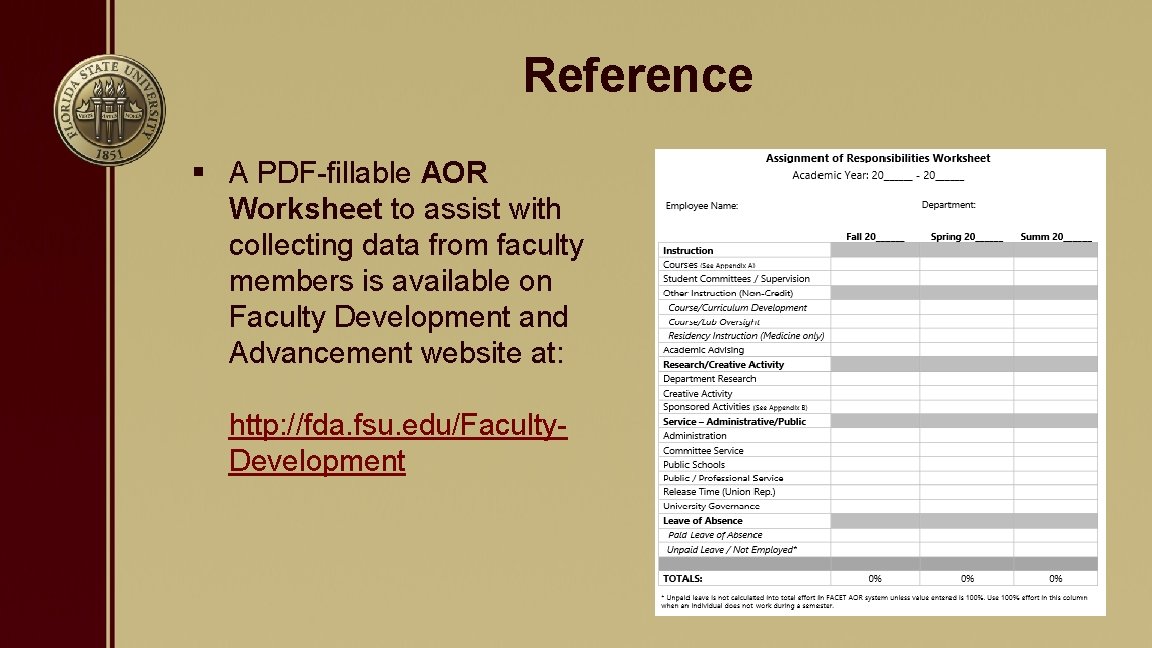 Reference § A PDF-fillable AOR Worksheet to assist with collecting data from faculty members