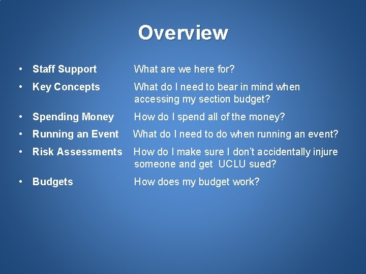 Overview • Staff Support What are we here for? • Key Concepts What do